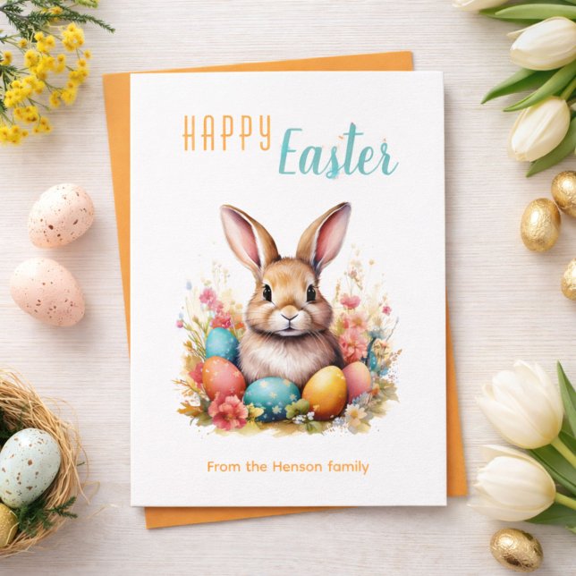 Cute Bunny Colorful Eggs Flowers Happy Easter Holiday Card (Creator Uploaded)