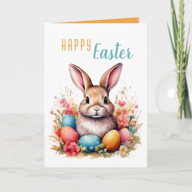 Cute Bunny Colorful Eggs Flowers Happy Easter Holiday Card (Front)