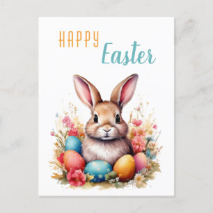 Cute Bunny Colorful Eggs Flowers Happy Easter Holiday Postcard