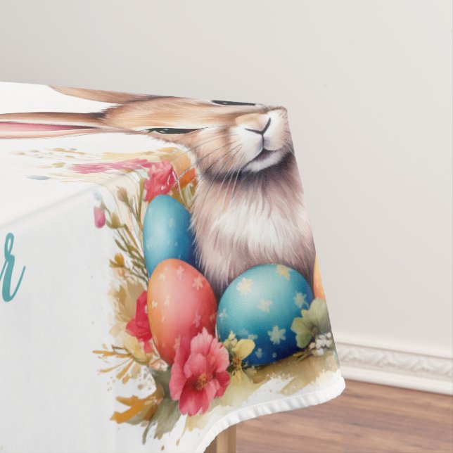 Cute Bunny Colorful Eggs Flowers Happy Easter Tablecloth (In Situ)