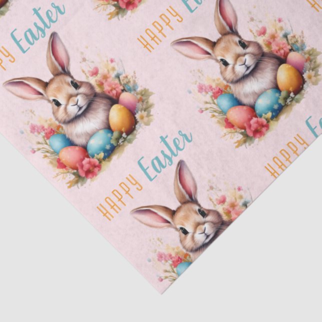 Cute Bunny Colorful Eggs Flowers Happy Easter Tissue Paper (Detail)