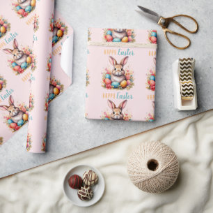 Cute Bunny Colorful Eggs Flowers Happy Easter Wrapping Paper