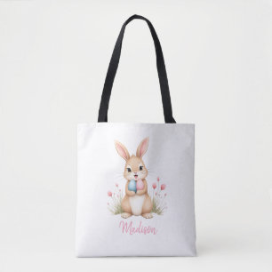 Cute bunny, custom name Easter egg hunt tote bag. Bag
