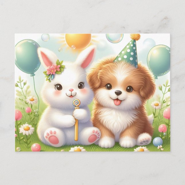 Cute Bunny & Cute Puppy Postcard (Front)