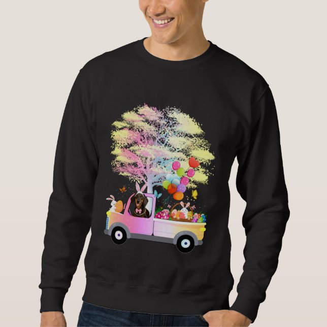 Cute Bunny Dachshund Dog & Eggs On Truck Wiener Ea Sweatshirt (Front)
