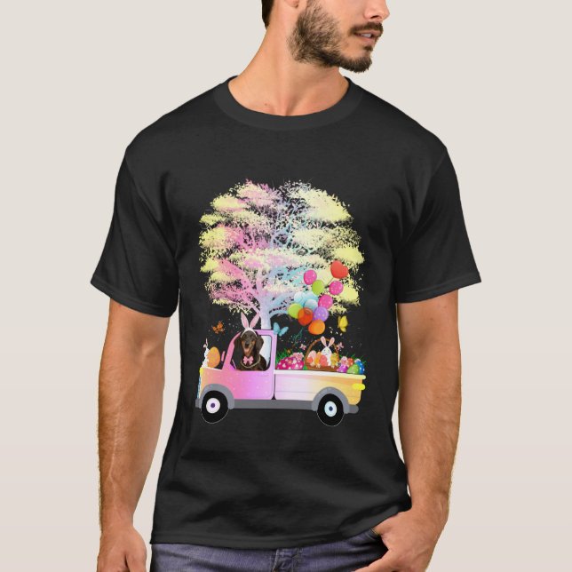 Cute Bunny Dachshund Dog & Eggs On Truck Wiener Ea T-Shirt (Front)
