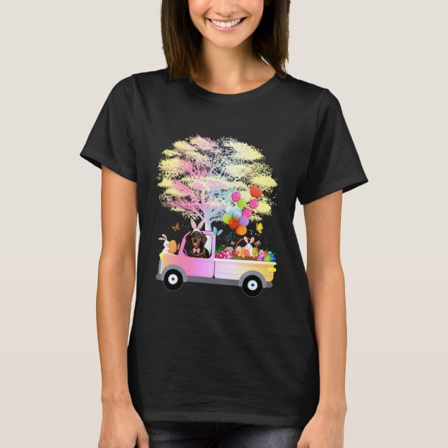 Cute Bunny Dachshund Dog & Eggs On Truck Wiener Ea T-Shirt (Front)