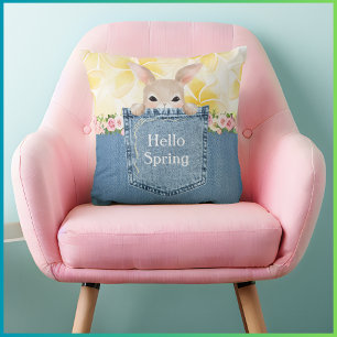 Cute Bunny Denim Pocket Hello Spring Throw Pillow