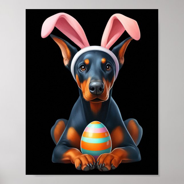 Cute Bunny Doberman Pinscher Dog Easter Hug Eggs E Poster (Front)