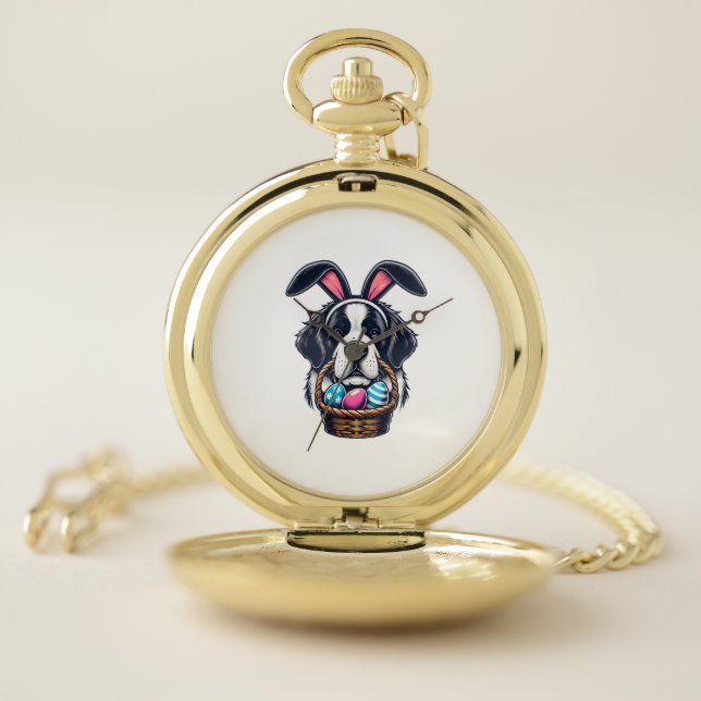 Cute Bunny Ear Saint Bernard Dog Easter Egg Owner  Pocket Watch (Inside)