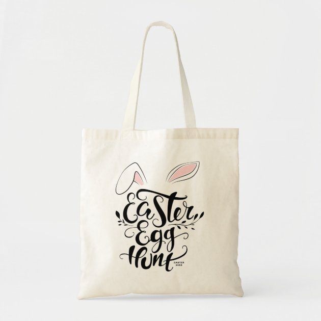 Cute Bunny Ears Calligraphy Easter Egg Hunt Custom Tote Bag Zazzle