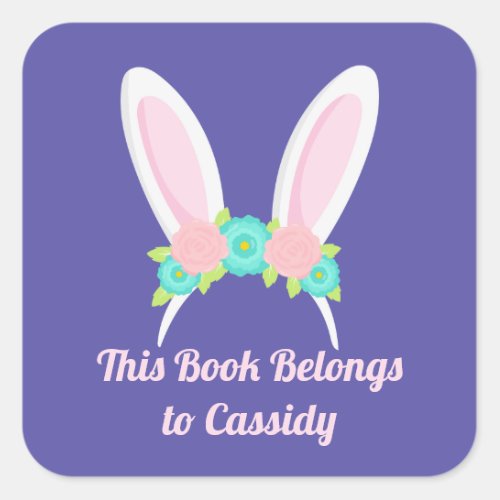 Cute Bunny Ears Purple Library Book Belongs To Square Sticker
