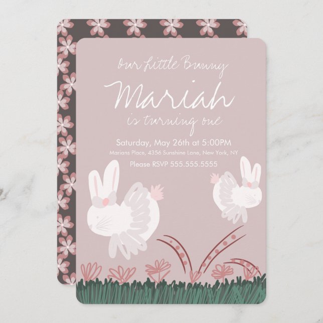Cute Bunny Easter 1st Birthday Hand Drawn Invitation (Front/Back)