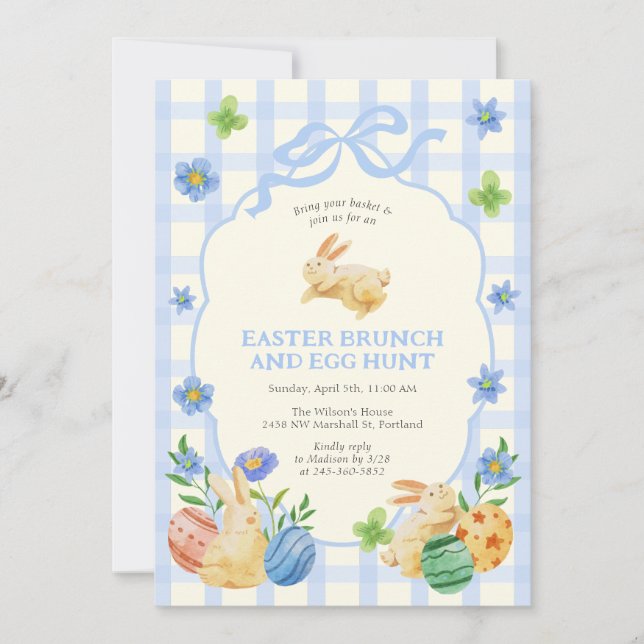 Cute Bunny Easter Brunch & Egg Hunt Blue Checkered Invitation (Front)