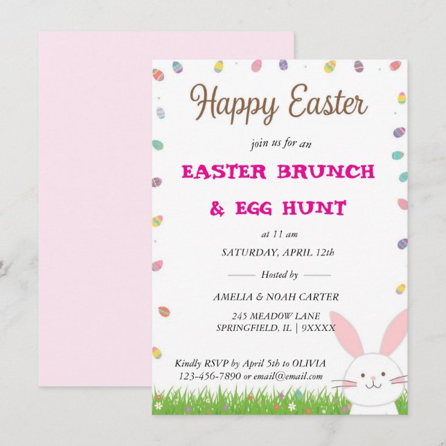 Cute Bunny  Easter BRUNCH & HUNT Invitation (Front/Back)