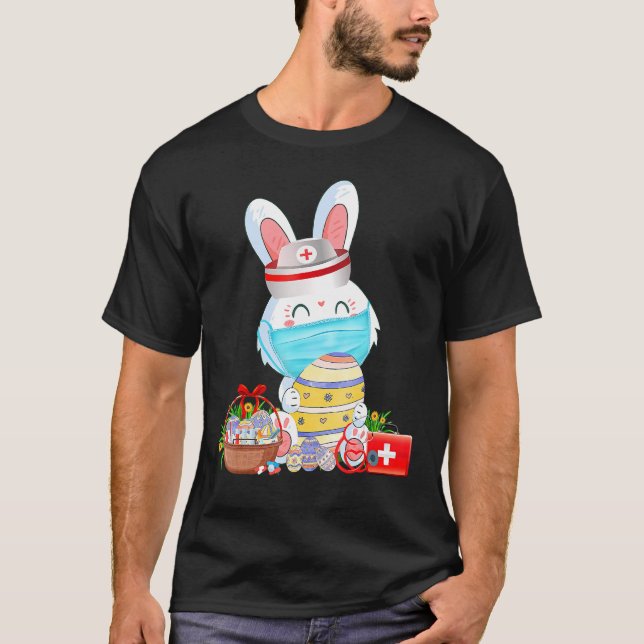 Cute Bunny Easter Face Mask Nurse With Eggs Stetho T-Shirt (Front)