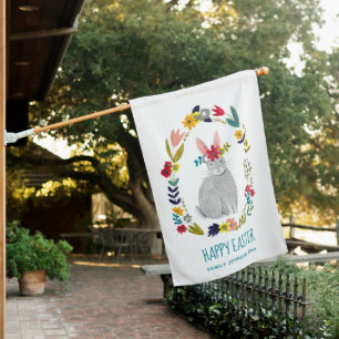 Cute Bunny Easter Floral Wreath Garden Flag
