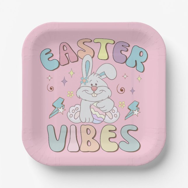 Cute Bunny Easter Vibes Pastel Spring Party  Paper Plates (Front)