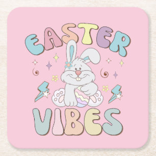 Cute Bunny Easter Vibes Pastel Spring Party Square Paper Coaster
