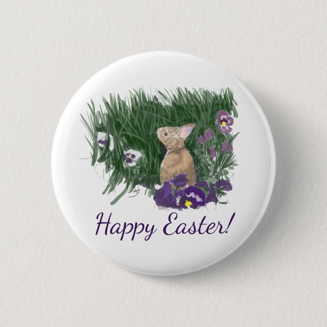 Cute Bunny Easter Wishes Holiday Greeting Button (Front)