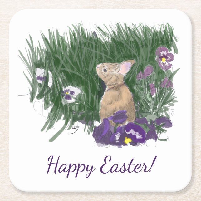 Cute Bunny Easter Wishes Holiday Greetings Square Paper Coaster (Front)