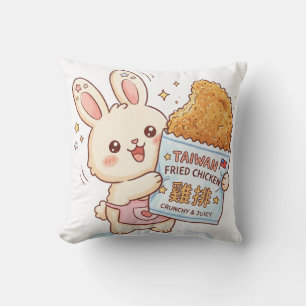 Cute Bunny Eating Taiwanese Fried Chicken Cutlet F Throw Pillow