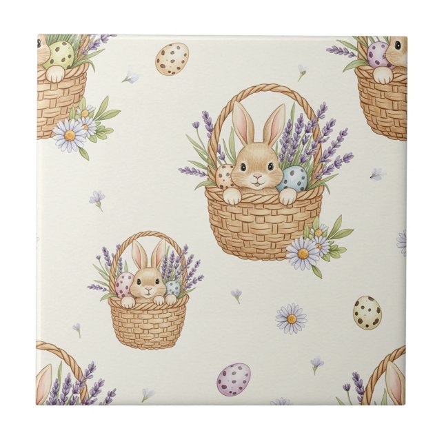 Cute Bunny Egg Basket Pastel Spring Ceramic Tile (Front)
