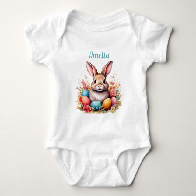 Cute Bunny Eggs Flowers Happy Easter Name Baby Bodysuit (Front)