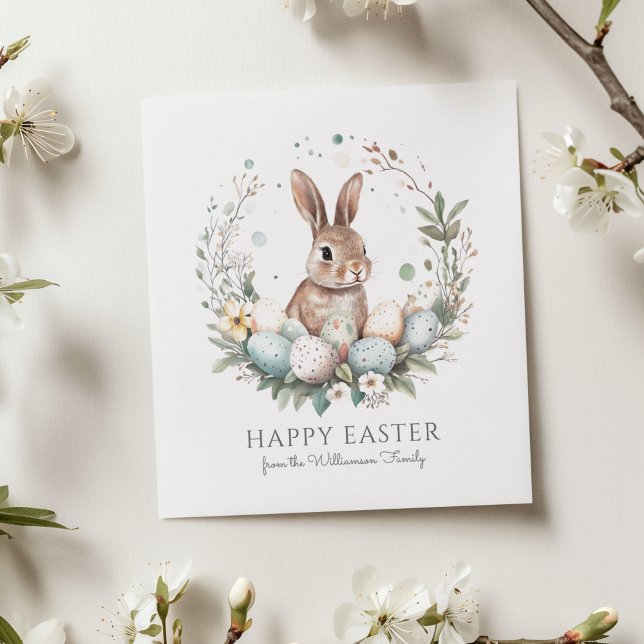 Cute Bunny Eggs Garland Wreath Personalized Easter Card (Personalize with family name, editable message on reverse.  Matching items available)
