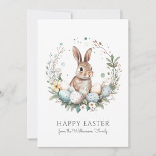 Cute Bunny Eggs Garland Wreath Personalized Easter Holiday Card
