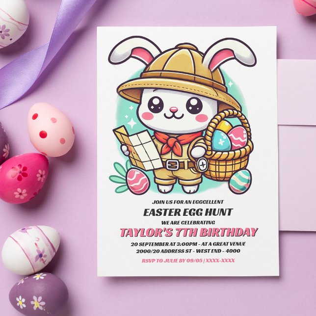 Cute Bunny Explorer Easter Egg Hunt Birthday Invitation (Invite friends and family to an eggcellent Birthday Easter egg hunt with this adorable invitation.)