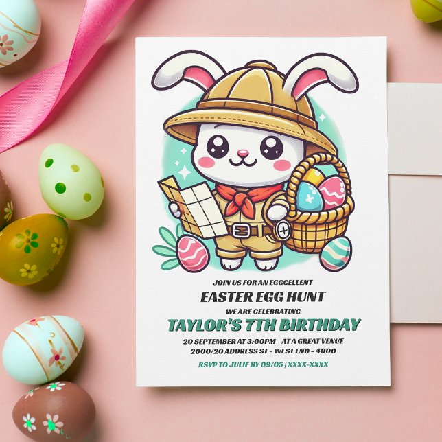 Cute Bunny Explorer Easter Egg Hunt Birthday Invitation (Invite friends and family to an eggcellent Birthday Easter egg hunt with this adorable invitation.)