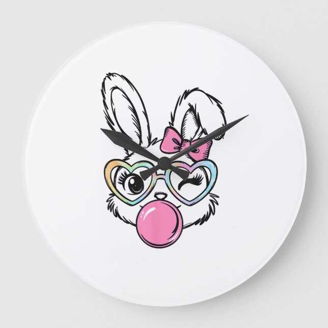 Cute Bunny Face Bubblegum Glasses Pink Coquette Bo Large Clock (Front)