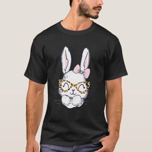 Cute Bunny Face Happy Easter Day Leopard Glasses H T_Shirt