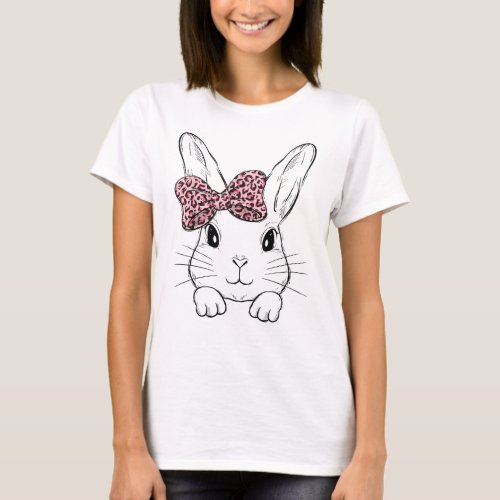 Cute Bunny Face Leopard Bow Tie Easter Day Girls W T_Shirt