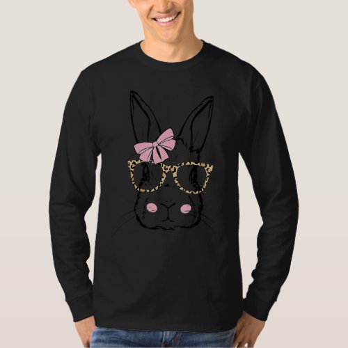 Cute Bunny Face Leopard Bow Tie Easter Day Girls W T_Shirt