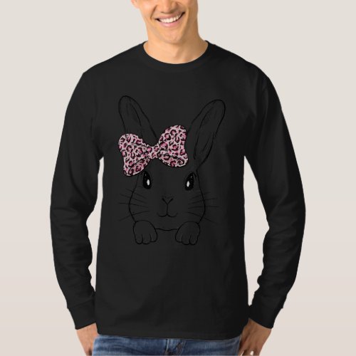 Cute Bunny Face Leopard Bow Tie Easter Day Girls W T_Shirt