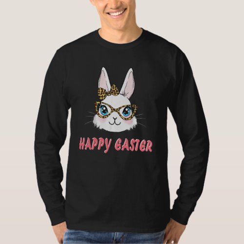 Cute Bunny Face Leopard Glasses Bow Happy Easter D T_Shirt