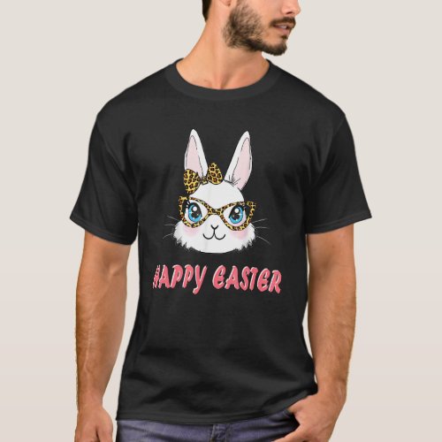 Cute Bunny Face Leopard Glasses Bow Happy Easter D T_Shirt
