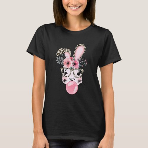 Cute Bunny Face Leopard Glasses Bubble Gum Happy E T_Shirt