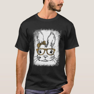 Cute Bunny Face Leopard Glasses Easter Day Bleache T-Shirt