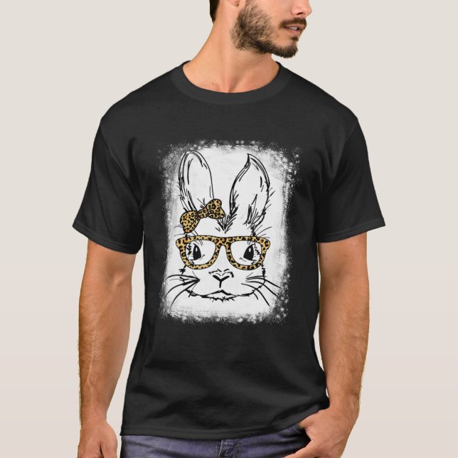 Cute Bunny Face Leopard Glasses Easter Day Bleache T-Shirt (Front)