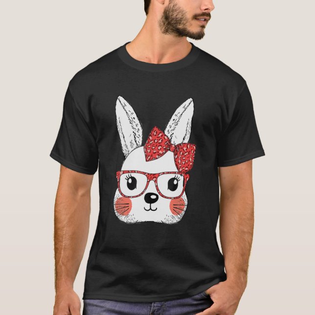 Cute Bunny Face Leopard Glasses Easter Day T-Shirt (Front)