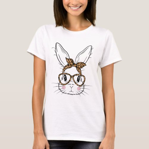 Cute Bunny Face Leopard Glasses Headband Happy Eas T_Shirt
