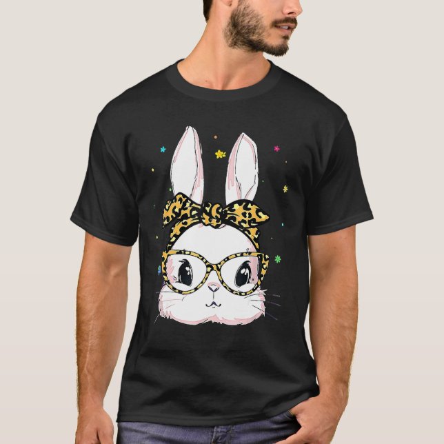 Cute Bunny Face Leopard Glasses Headband Happy Eas T-Shirt (Front)