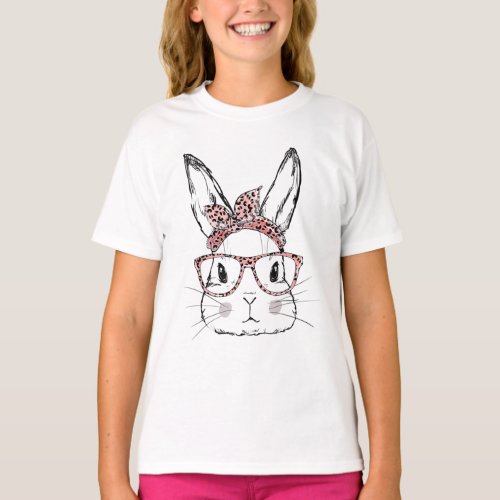 Cute Bunny Face Leopard Print Glasses EASTER Day T_Shirt