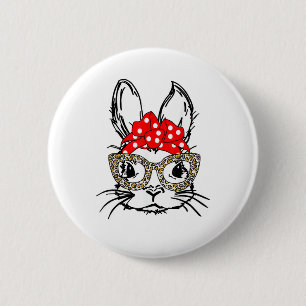 Cute Bunny Face Leopard Print Red Bandana Rabbit L Button