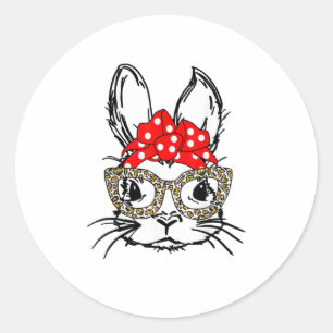 Cute Bunny Face Leopard Print Red Bandana Rabbit L Classic Round Sticker