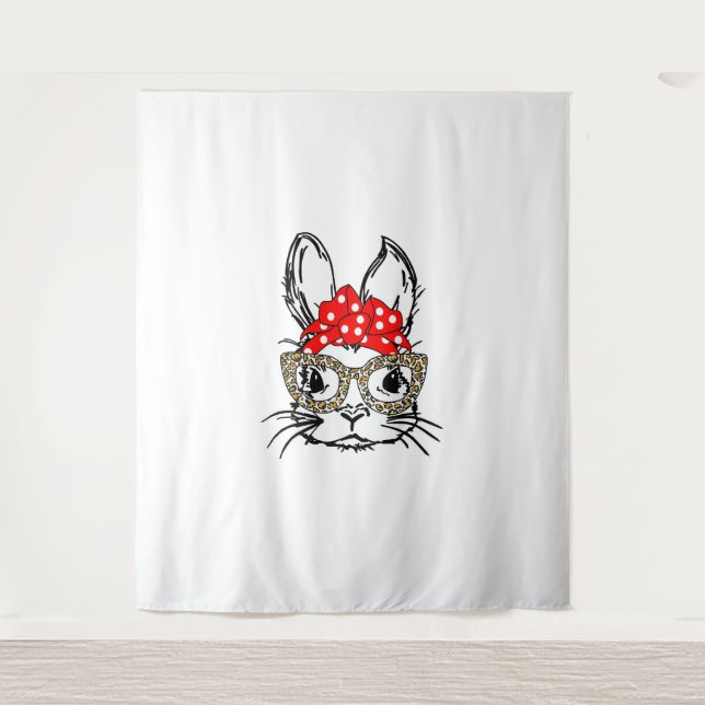 Cute Bunny Face Leopard Print Red Bandana Rabbit L Tapestry (Front)