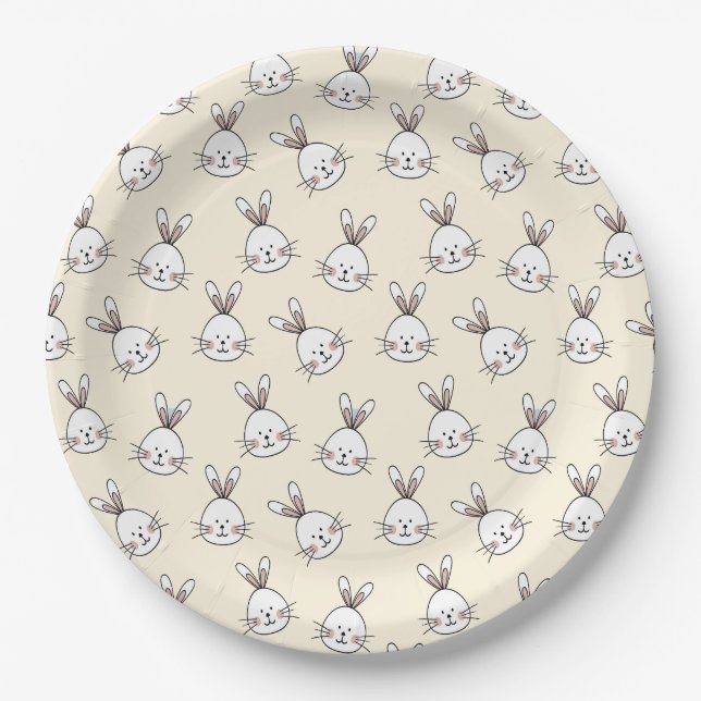 Cute Bunny Face Pattern on Ivory Paper Plates (Front)